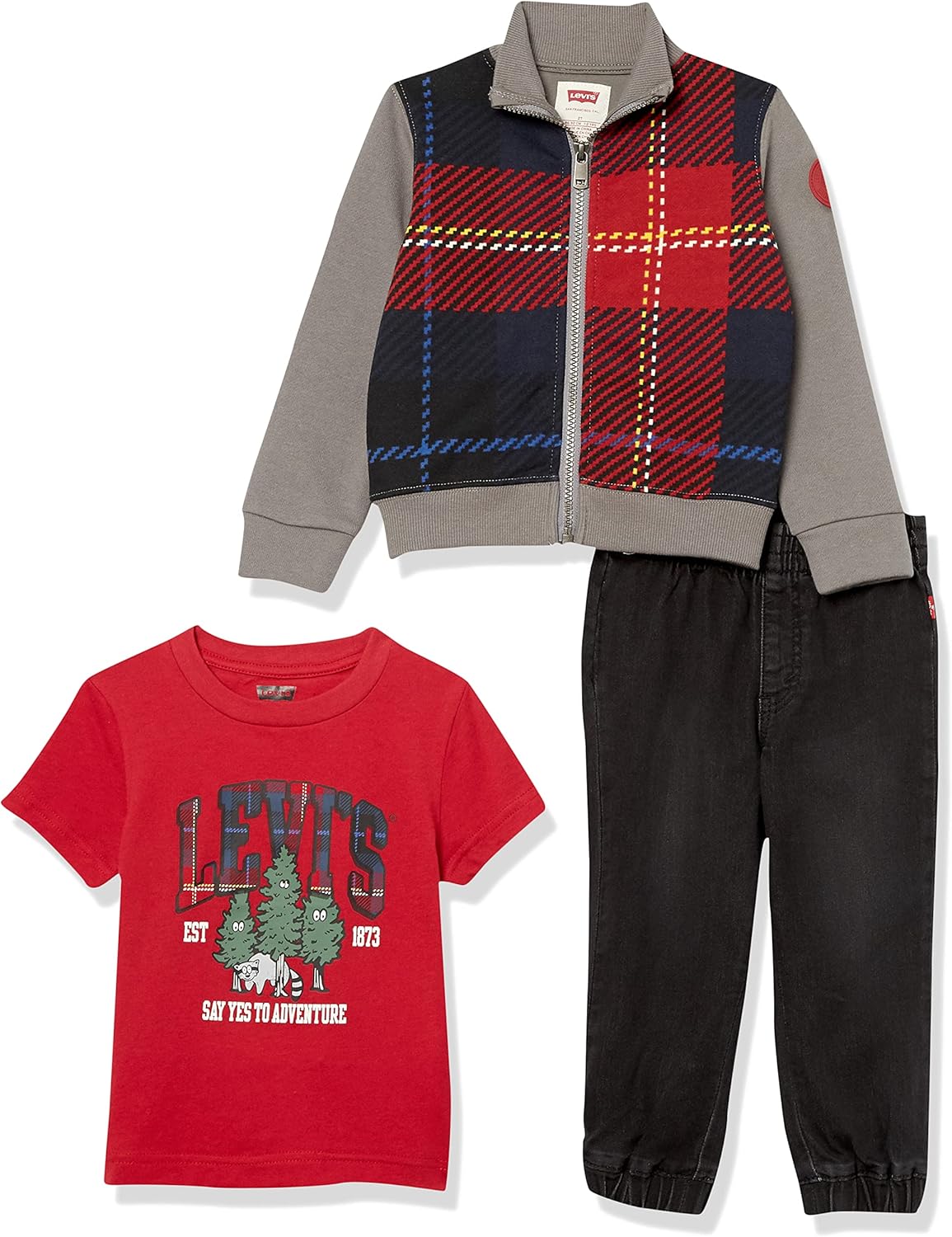 

Комплект из 3 предметов: футболка с рисунком, толстовка и спортивные брюки Levi's для мальчиков, Black/Red/Plaid