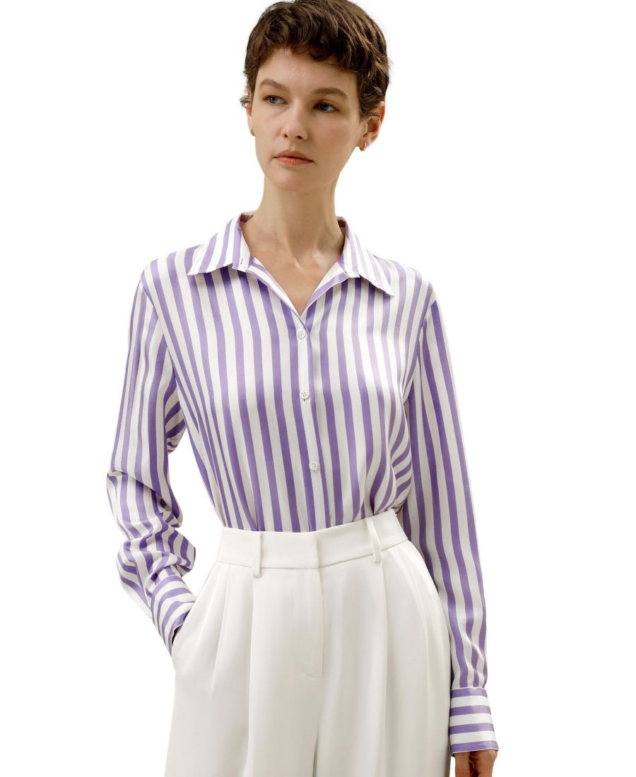 

Классическая женская шелковая рубашка в полоску LILYSILK, Lilac white stripes