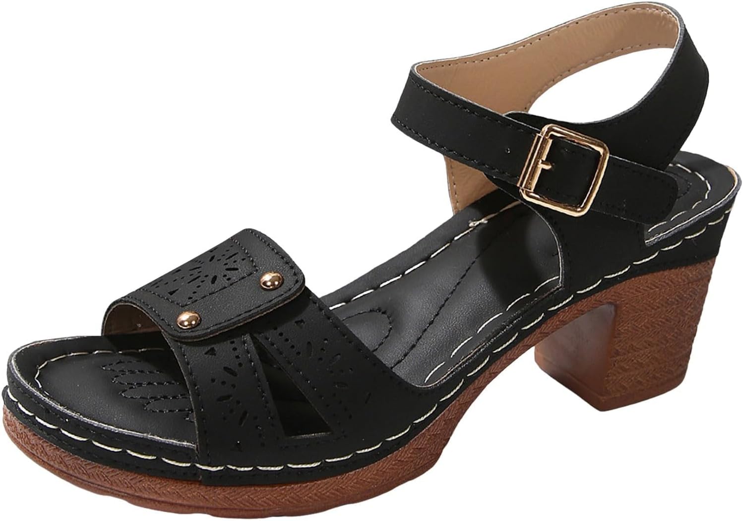 

Женские сандалии на платформе с вырезами, низкий каблук, ортопедические, массивные сандалии на среднем каблуке, удобные, дышащие, с ремешком на щиколотке, для прогулок Canbebig, черный