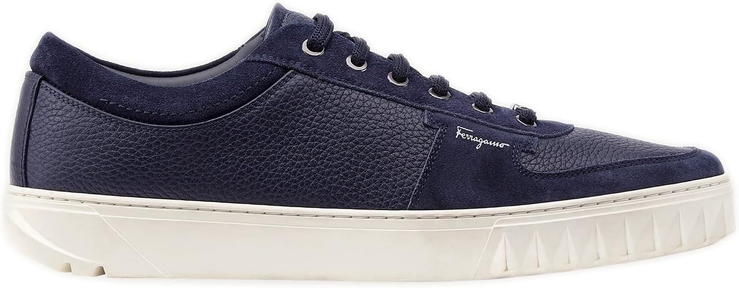 Мужские синие кожаные кроссовки Salvatore Ferragamo Scuby с шнуровкой — фото 2
