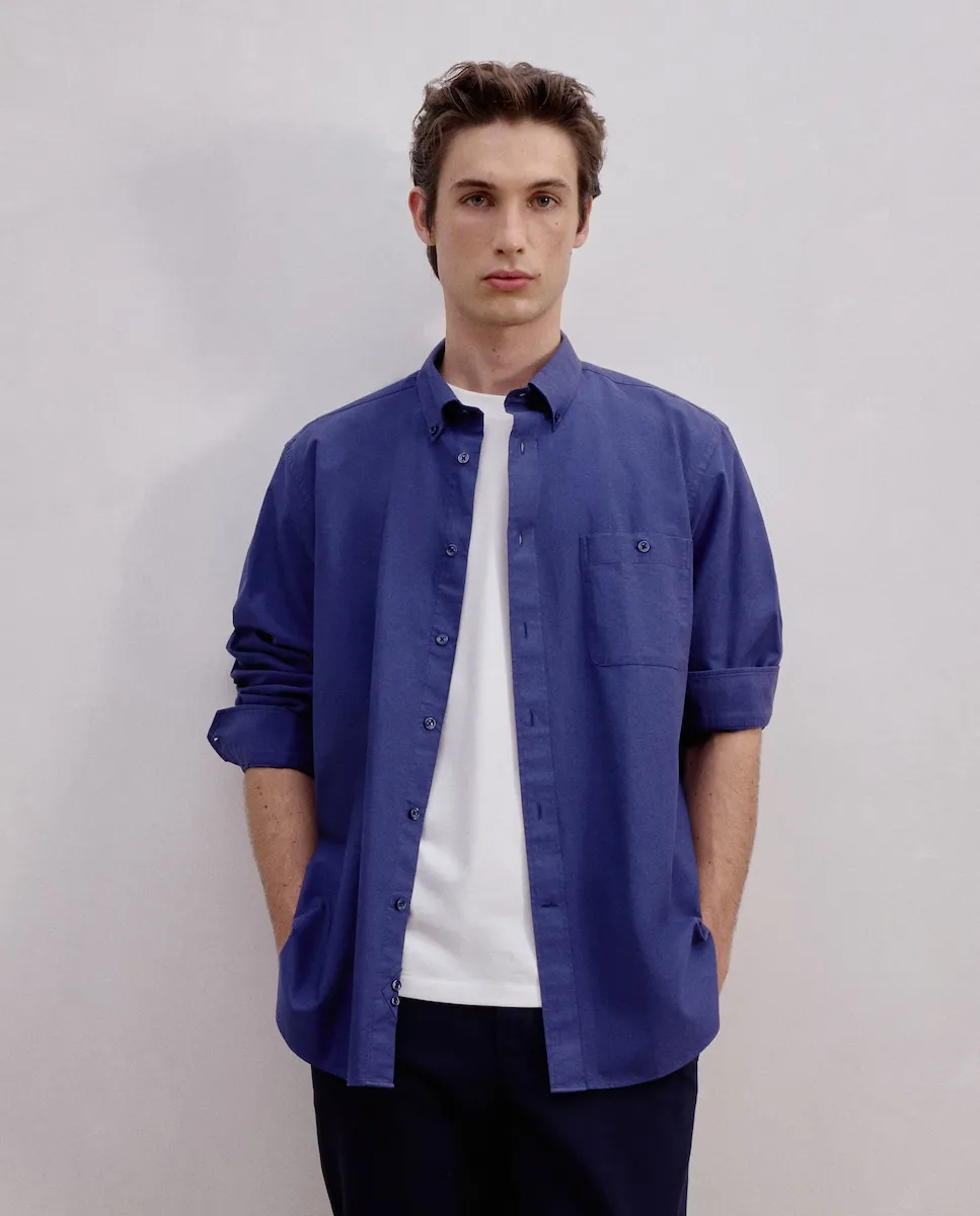 

Рубашка с длинным рукавом из однотонного оксфорда, классический узор Dustin, темно-синий