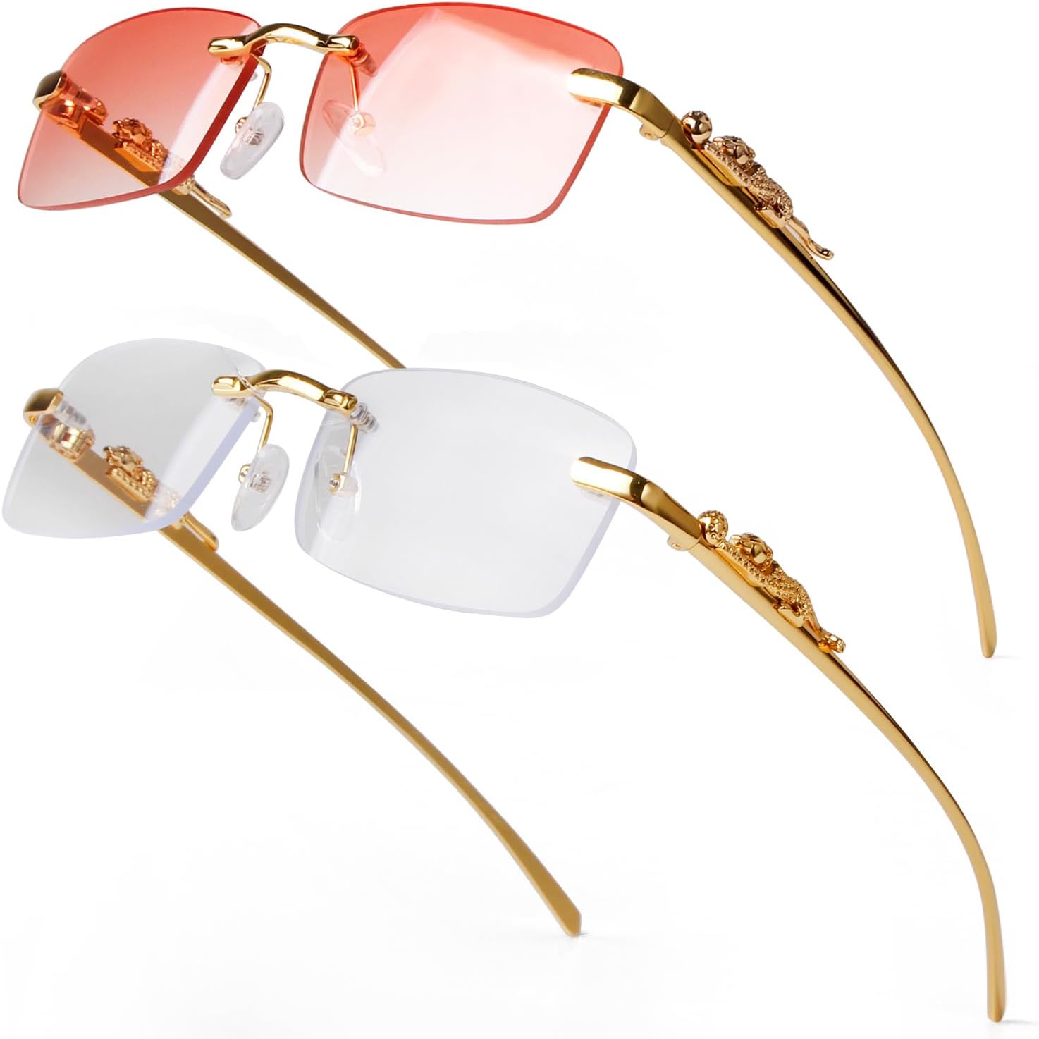 

Винтажные прямоугольные солнцезащитные очки без оправы для женщин и мужчин, модные квадратные солнцезащитные очки без оправы из золотистого металла, прозрачные очки piscm, 2 Pack (Gold/Clear+gold/Pink)