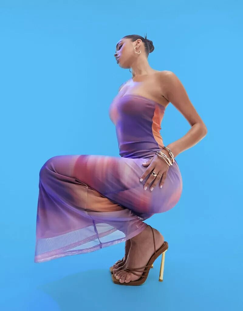 

Платье миди без бретелек с абстрактным принтом ASOS, Фиолетовый, Платье миди без бретелек с абстрактным принтом ASOS