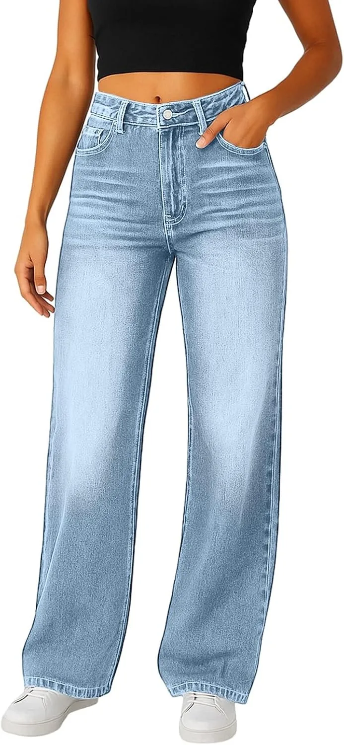 

Джинсы для женщин Wide Leg Baggy Stretchy Mid Rise, потертые