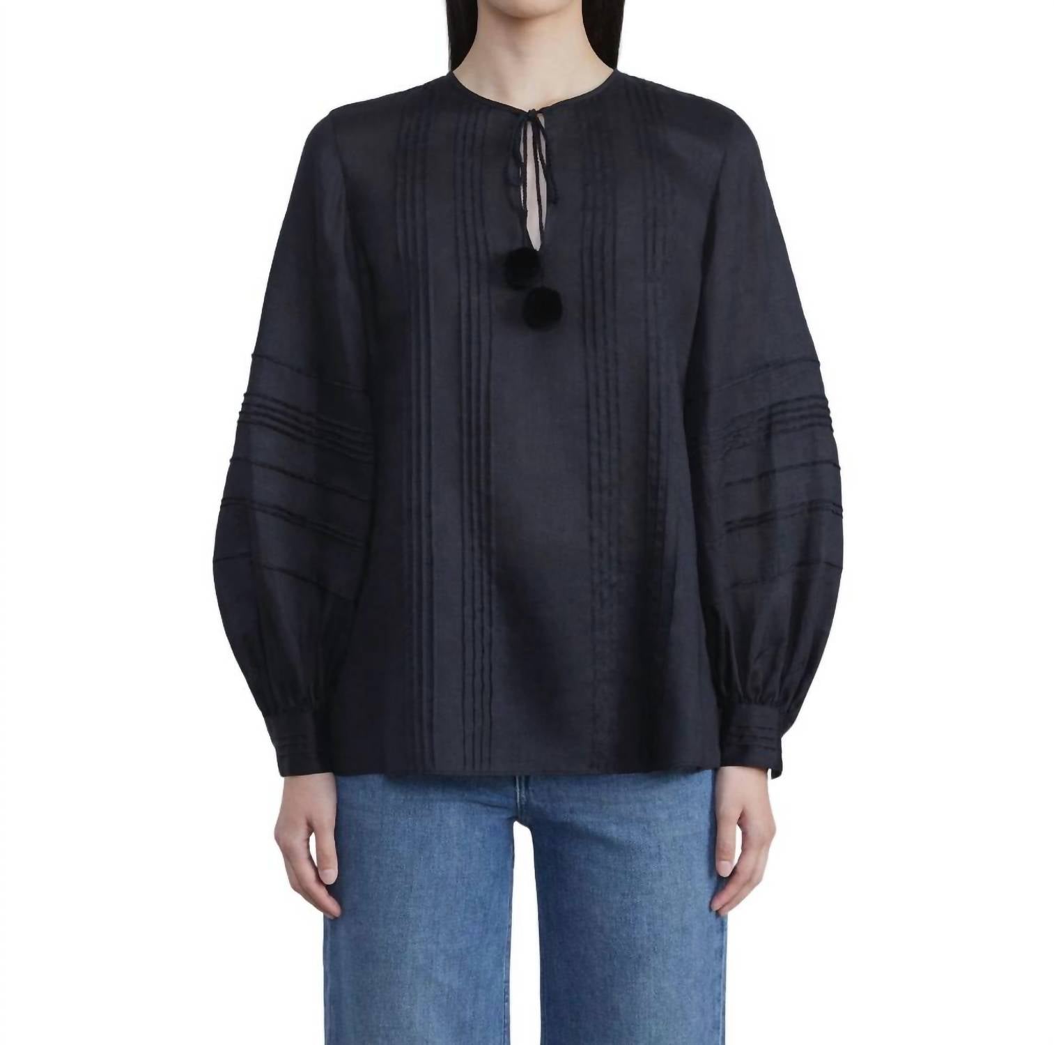 

Блузка Gemma Cloth Pom-Tie Pintuck в темно-синем цвете Lafayette 148
