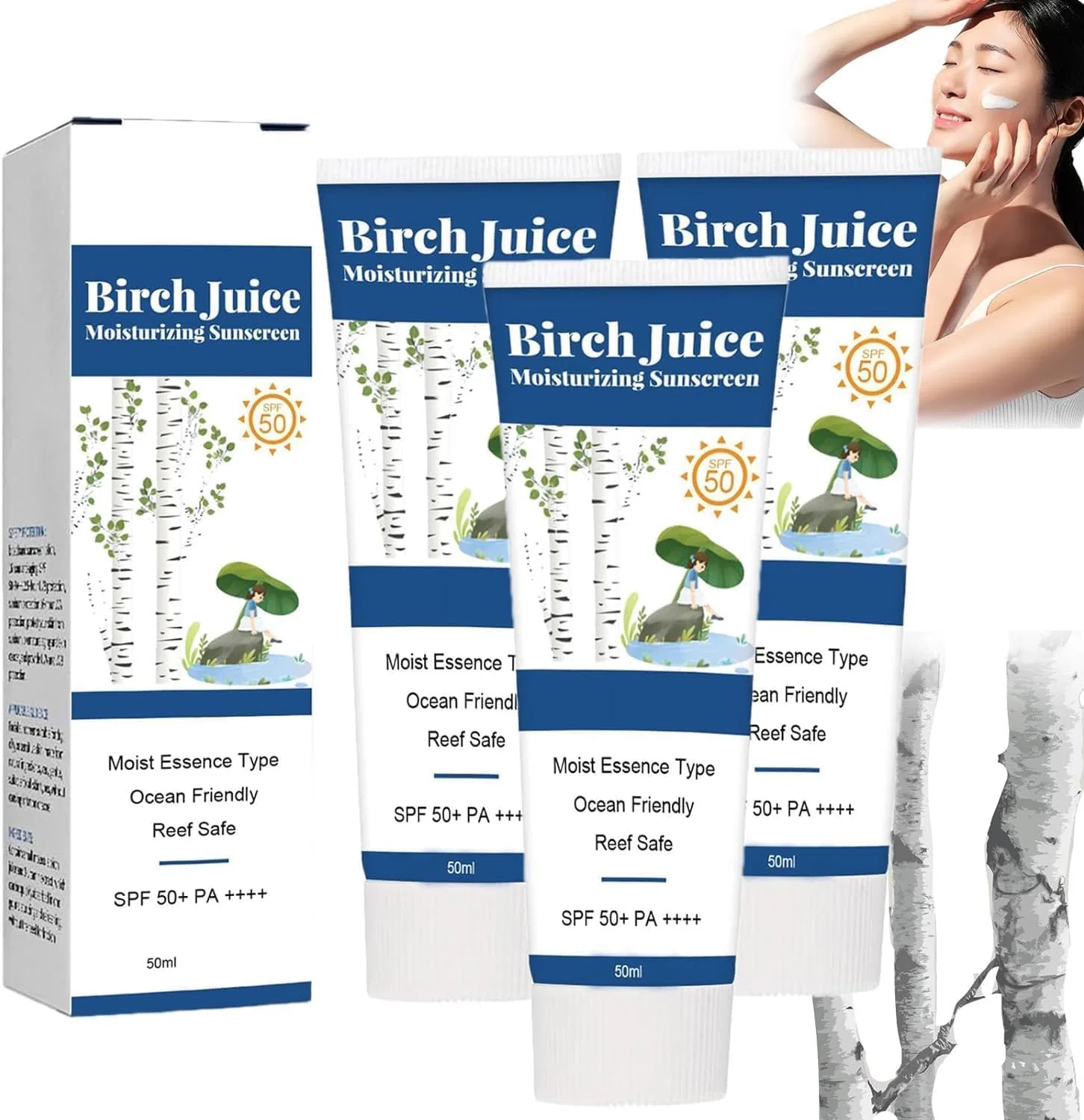 Корейский увлажняющий солнцезащитный крем Birch Juice SPF 50+ PA++++ Aicoyiu, 3 Pieces.