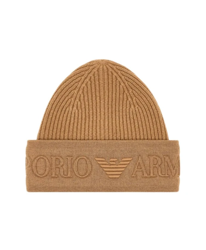 

Шерстяная шапка с биркой с логотипом. Emporio Armani, коричневый