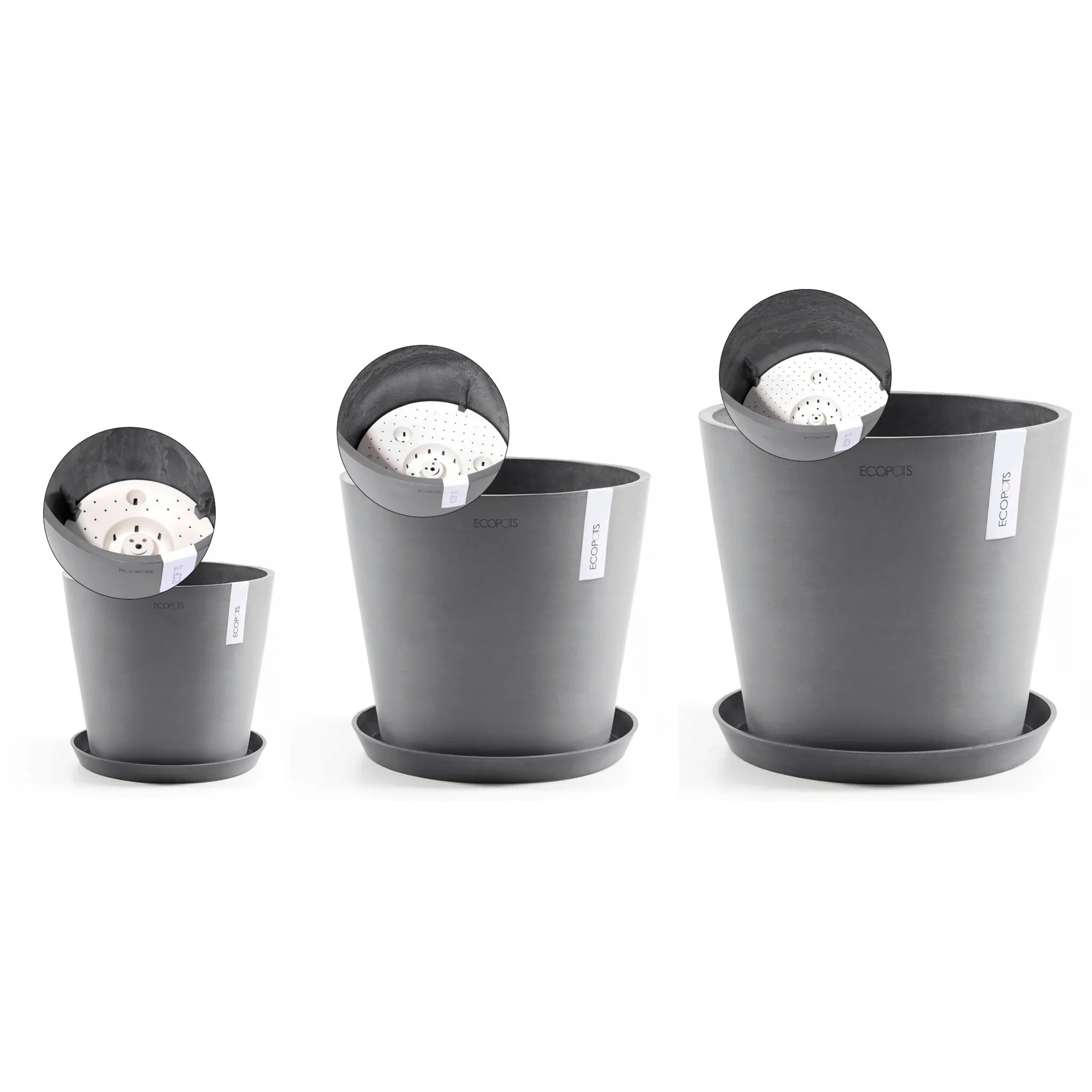 

Цветочный горшок ECOPOTS «Амстердам», (набор из 3 предметов), разные размеры с подходящим блюдцем, серый