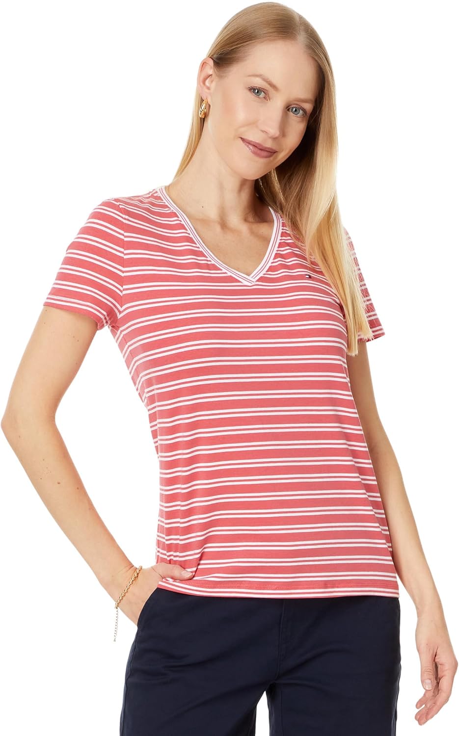 

Женская базовая футболка Tommy Hilfiger розового/белого цвета, Sherbet Combo