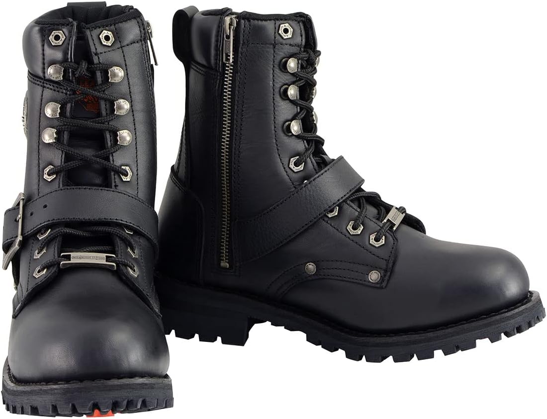 Мужские черные кожаные байкерские ботинки Milwaukee Leather с шнуровкой, пряжками и боковой молнией MBM101-7 ‎Milwaukee Leather — фото 2