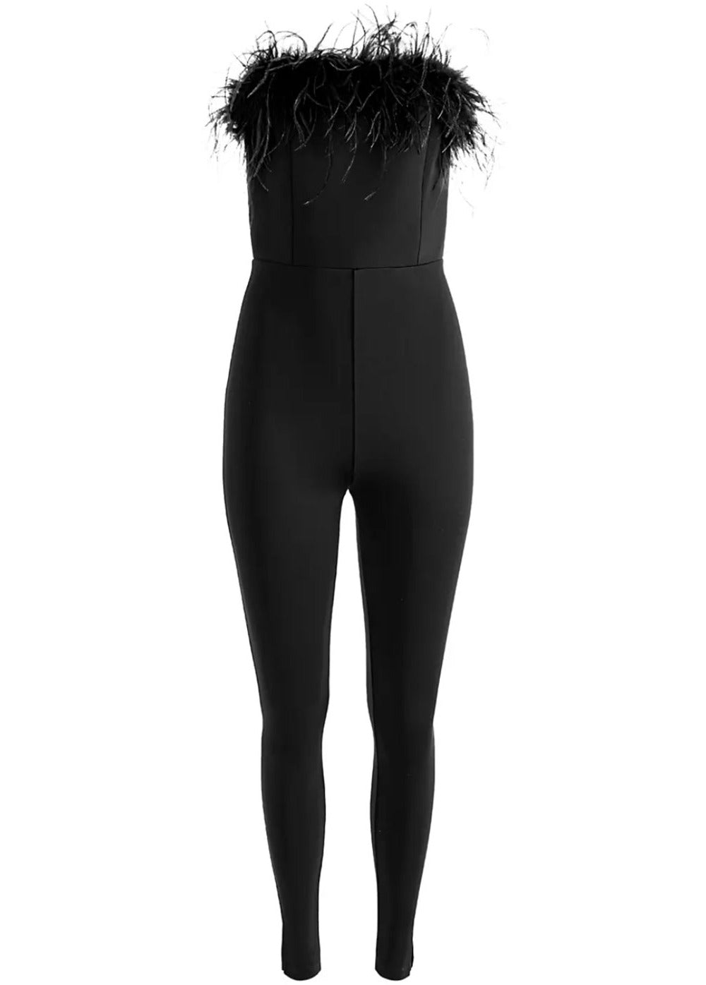 

Alice + olivia Idell Feather Trim Jumpsuit, Black