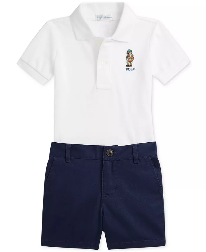 

Детский сетчатый поло и комплект с шортами чино для мальчиков Polo Ralph Lauren, белый