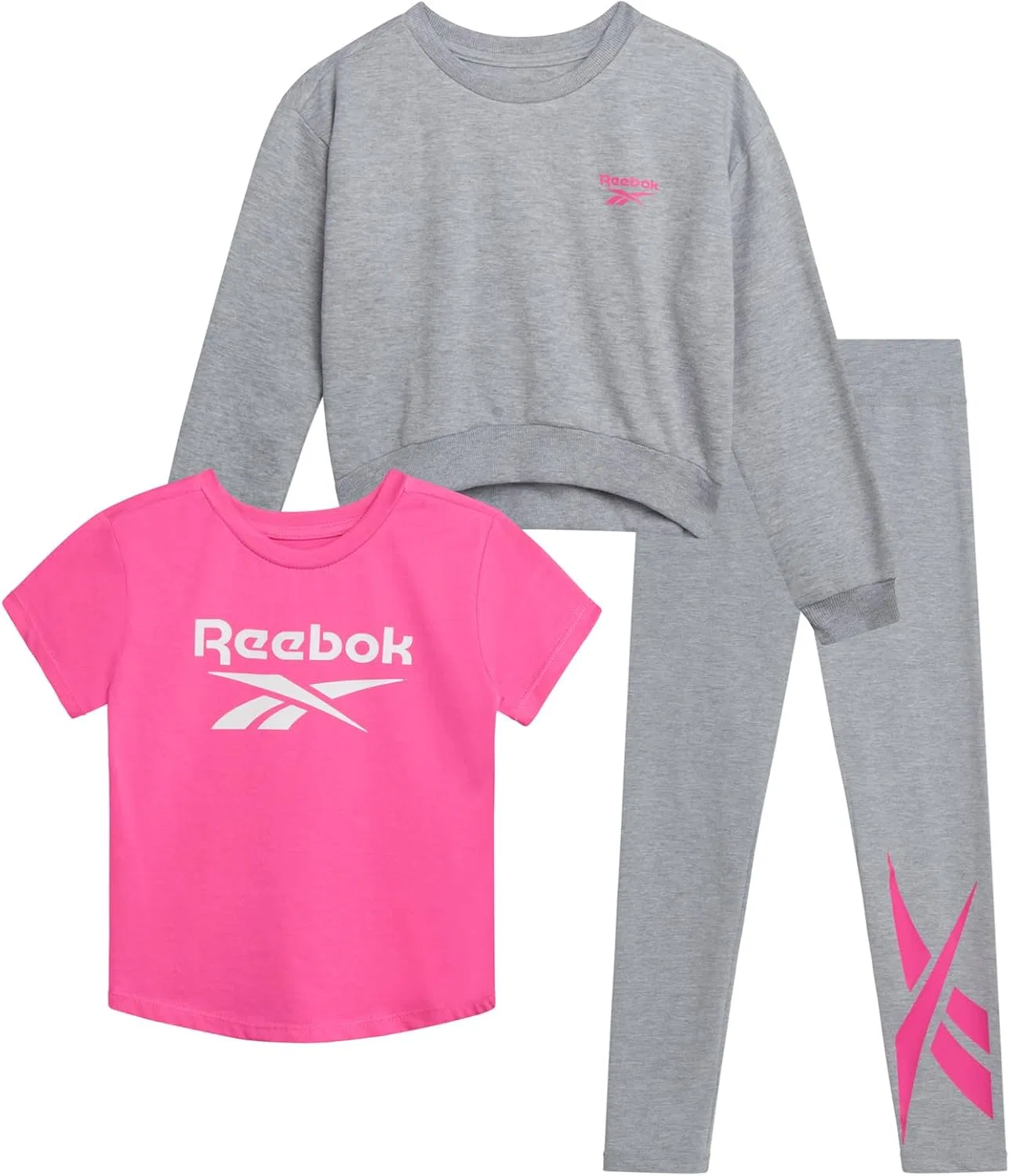 Комплект леггинсов Reebok Active для девочек - 3 предмета: спортивная футболка с круглым вырезом и коротким рукавом, толстовка и леггинсы для девочек, Light Grey Heather