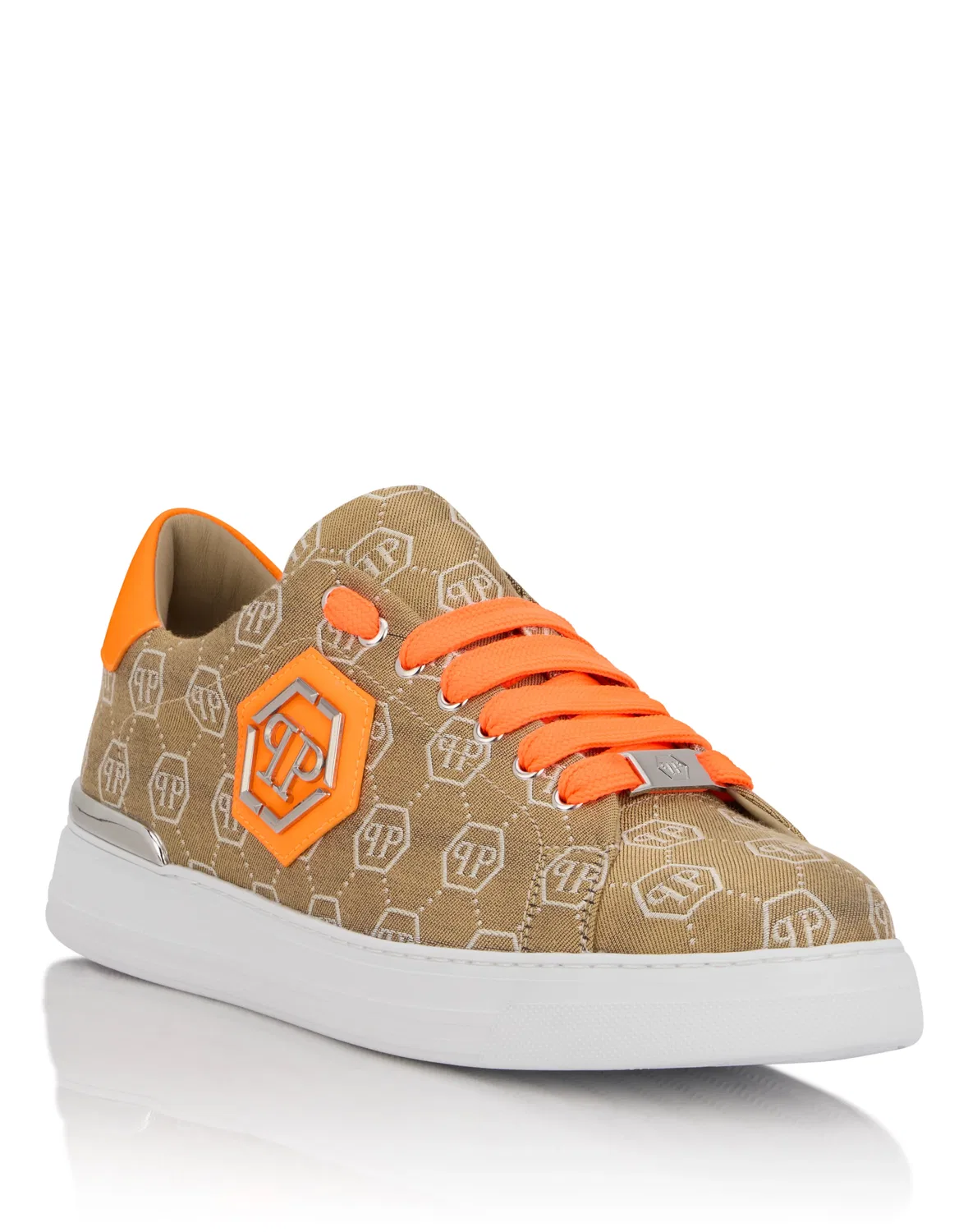 Низкие кроссовки с жаккардовой монограммой PHILIPP PLEIN, Beige/Orange Fluo