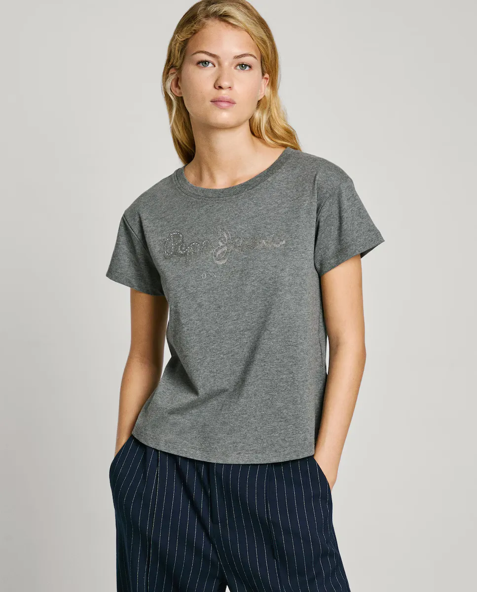 

Женская футболка с коротким рукавом и логотипом из стразов Pepe Jeans, темно-серый
