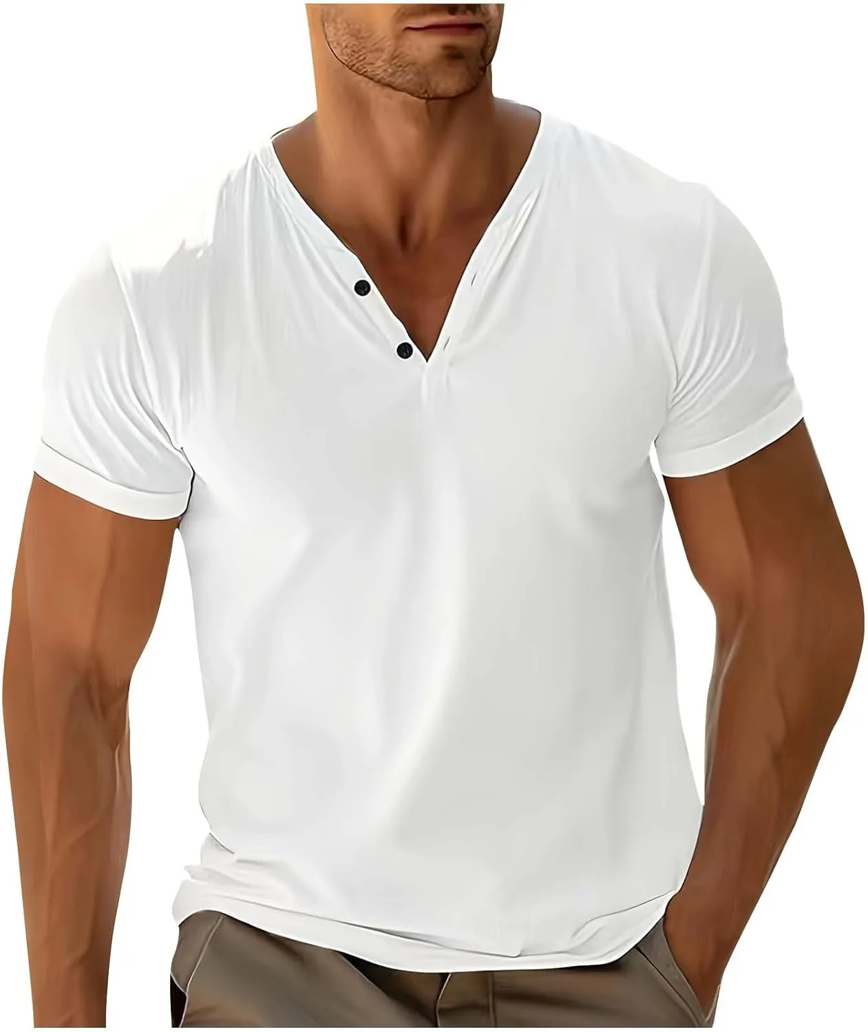 

Мужская футболка Henley с коротким рукавом и V-образным вырезом, легкая, Slim Fit FZYLQY