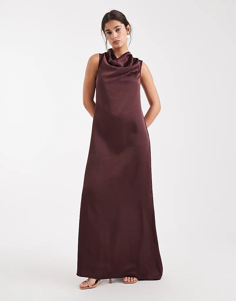 

Платье макси Vero Moda из атласа с драпировкой на горловине шоколадного цвета