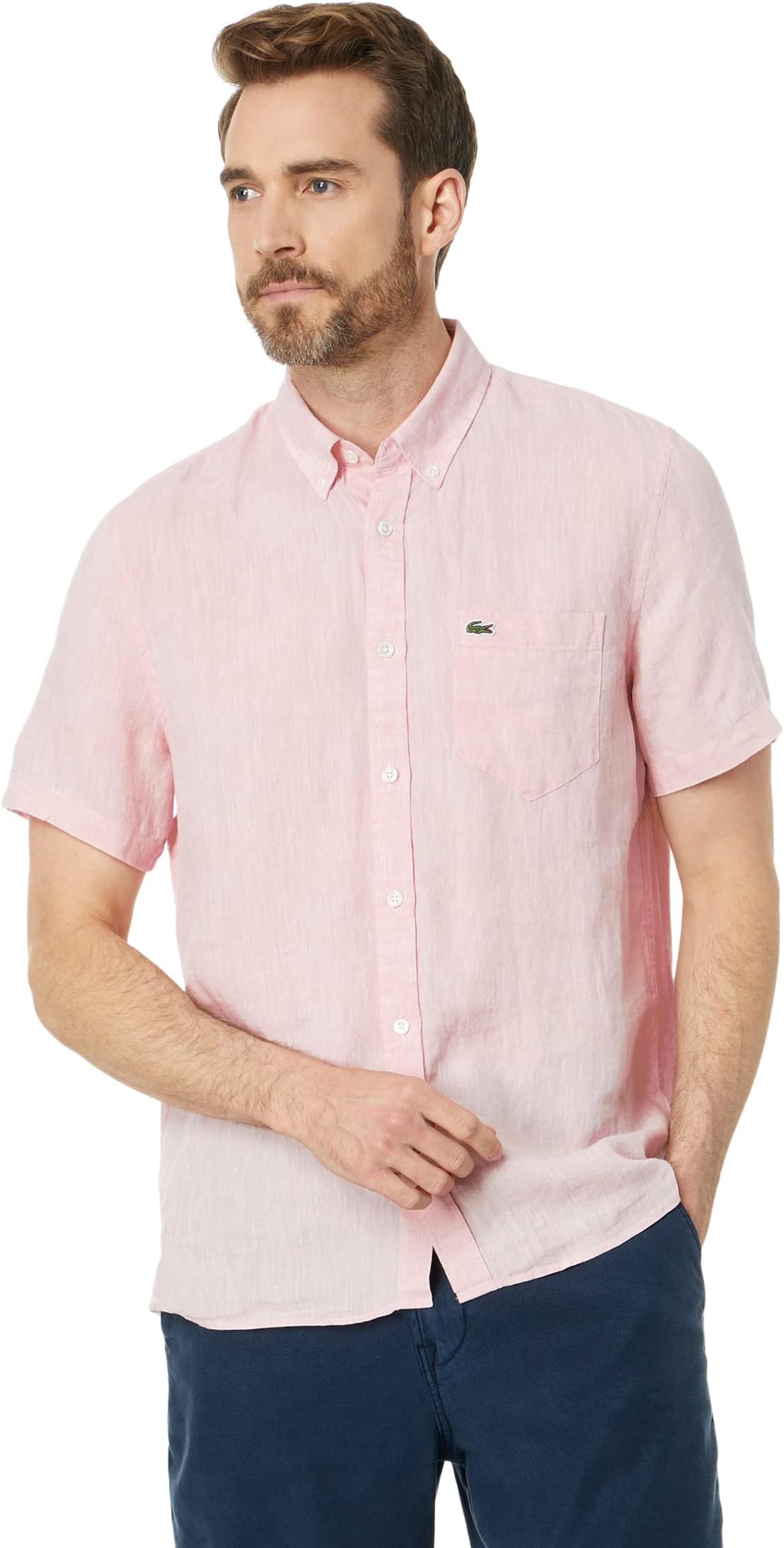 

Рубашка Lacoste Short Sleeve Regular Fit Linen Casual Button-Down Shirt with Front Pocket, цвет Flamingo