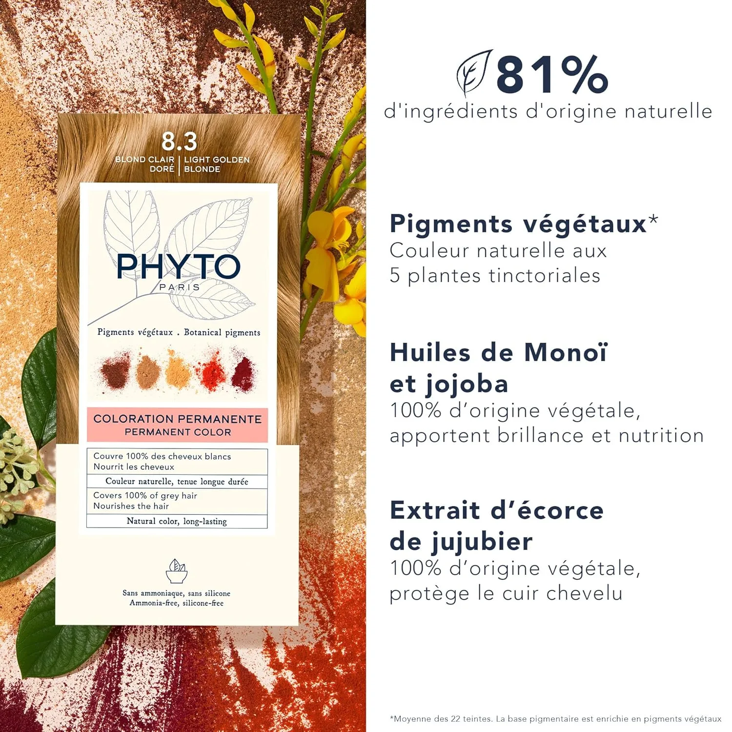 Стойкая краска для волос PHYTO Phytocolor с растительными пигментами, 100% закрашивание седых волос, без аммиака, без PPD, без резорцина, 0,42 унции. 11.91 г (1 шт.), 8.3 Light Golden Blonde — фото 3