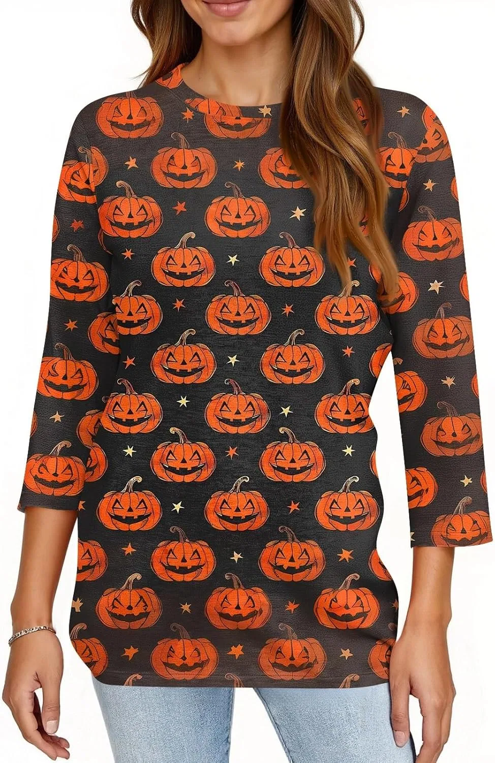 Блуза женская с принтом Halloween, 3/4 рукав, свободный крой, Saffron — фото 2