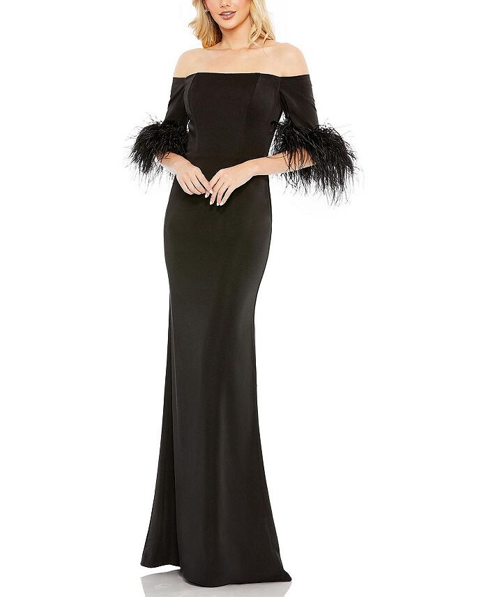 

Mac Duggal Платье с открытыми плечами и перьями, черный