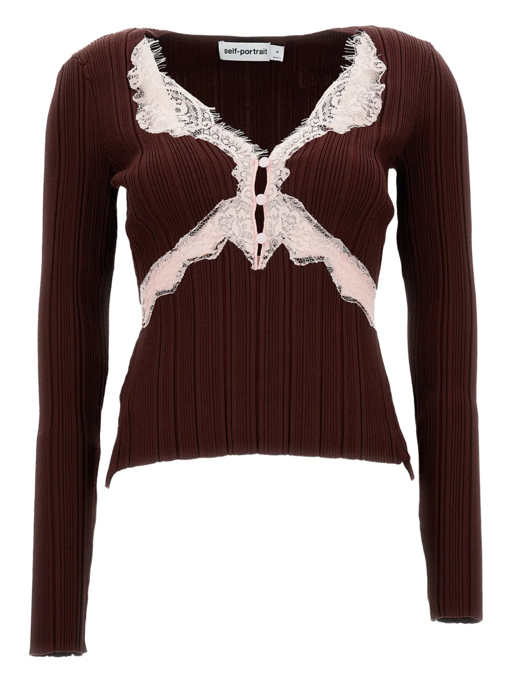 

Футболка с V-образным вырезом и кружевными вставками Self-Portrait, коричневый