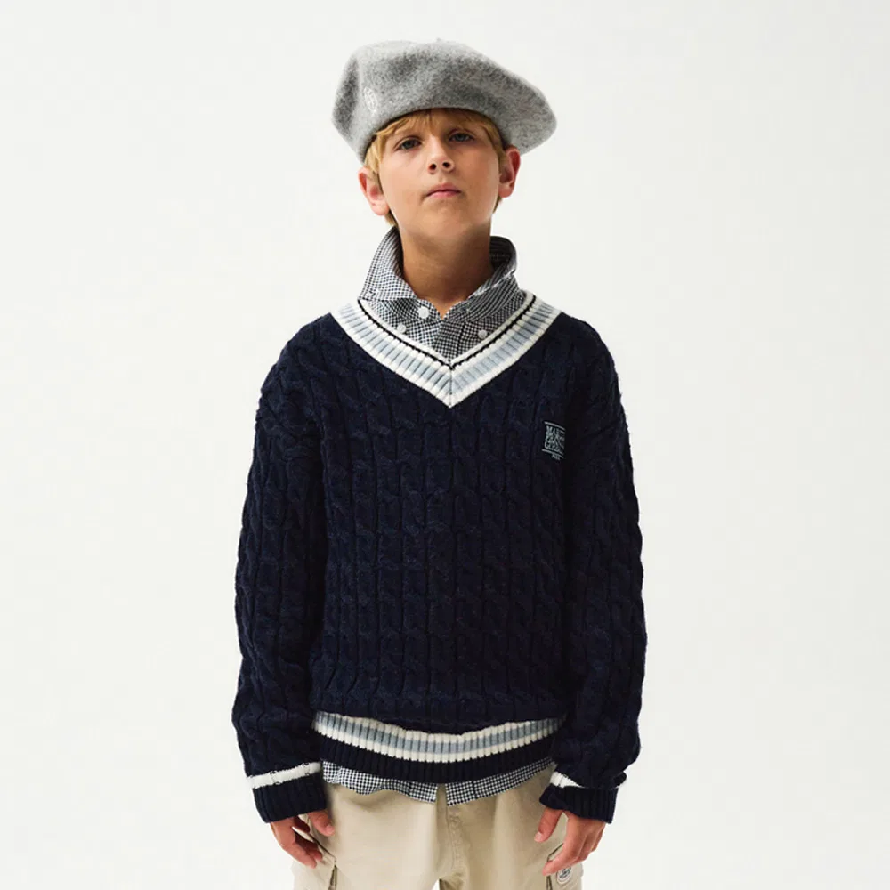 Детский вязаный свитер Enfant V-Neck Cable Knit тёмно-синий от Marithé Kids