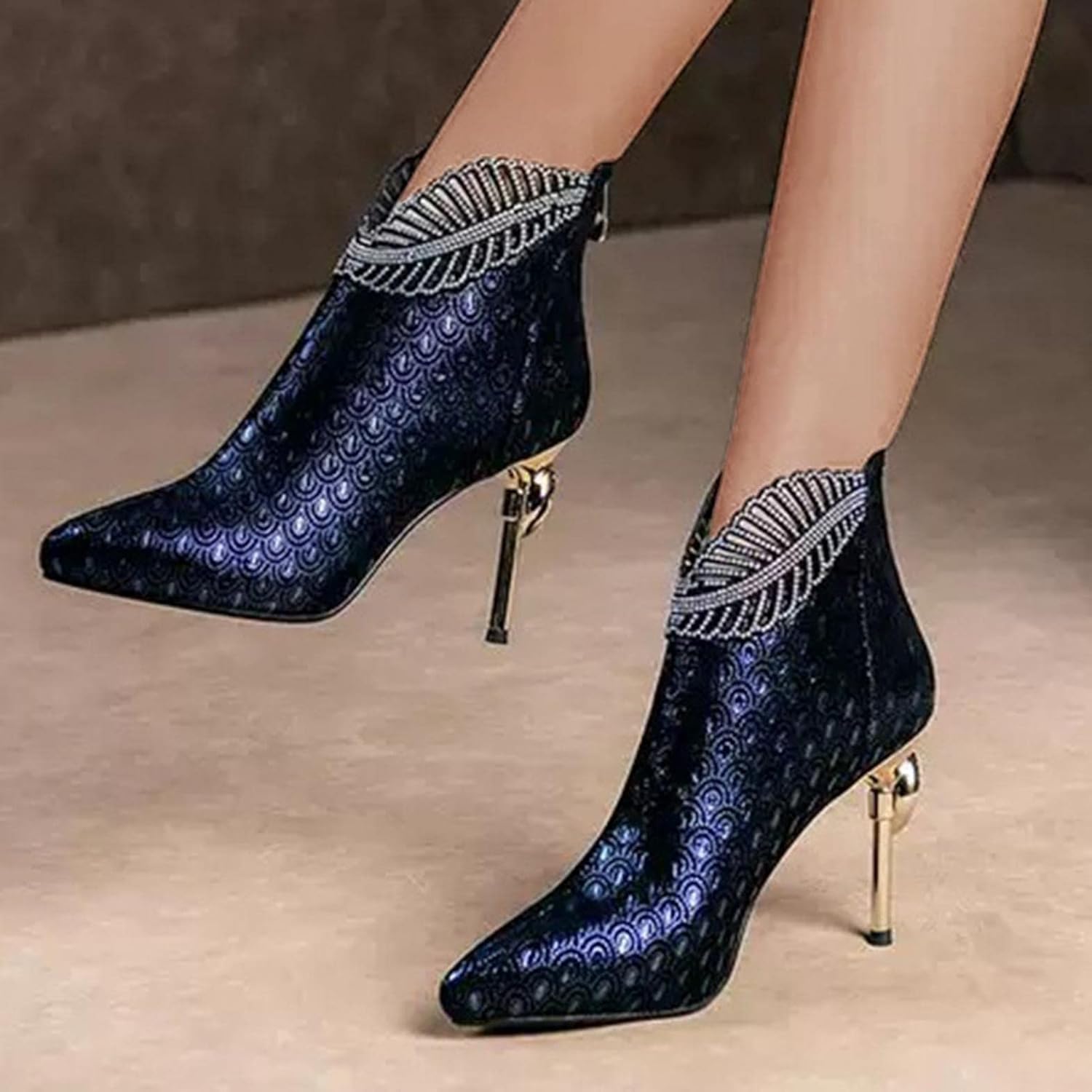 Женские высокие ботильоны Hbeylia Stiletto с высокими каблуками, модные, винтажный дизайн с листовым манжетом, кожаные, с острым носком, на каблуке, осенне-зимние элегантные короткие ботинки для невесты, свадьбы, банкета или вечеринки, синий — фото 3