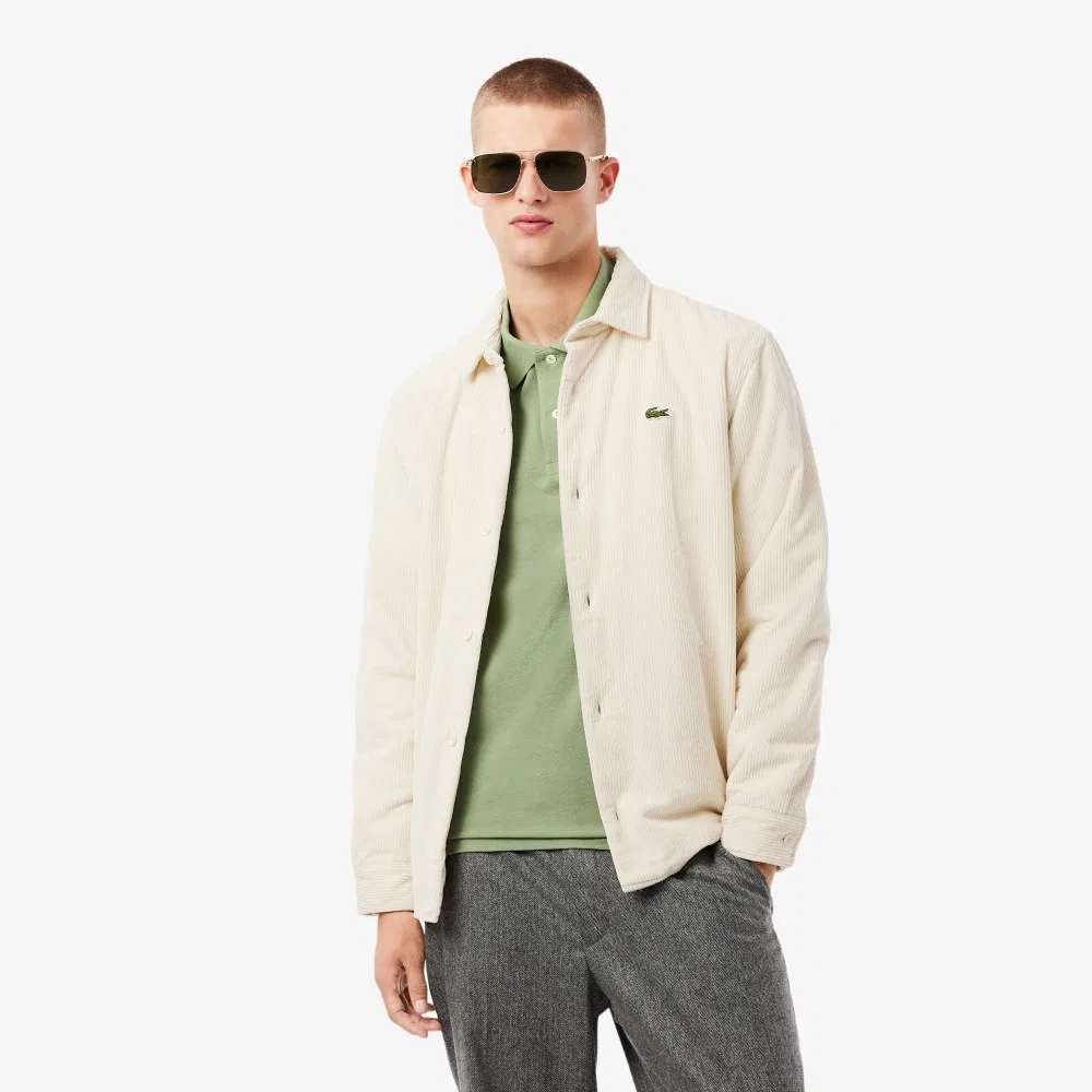 Мужская вельветовая утеплённая куртка-рубашка кремовая от Lacoste