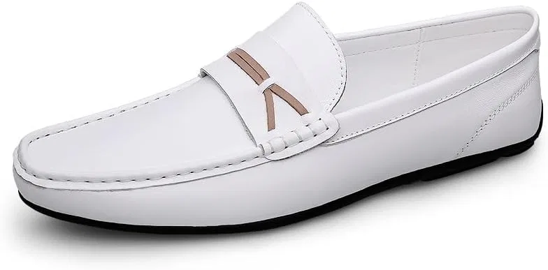 Лоферы кожаные Mens Loafers Shoe Round Toe Leather Penny Loafers Lightweight Flat Heel Comfortable Walking Outdoor Slip-ons, белый SayfuR