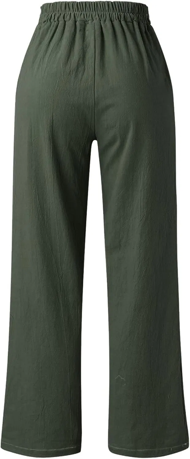 Штаны женские широкие с завязкой, хлопок лен, цвет Army Green — фото 3