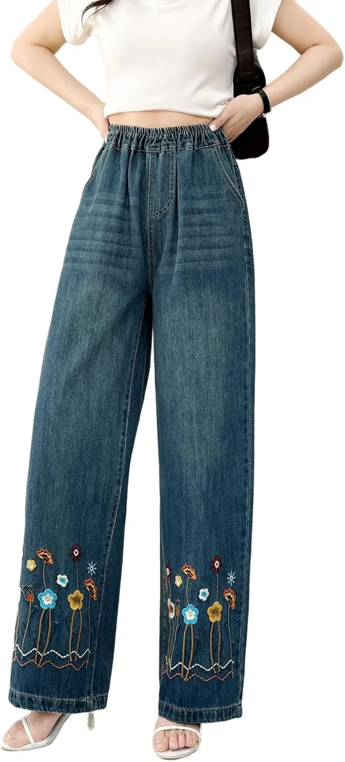 

Женские широкие брюки летние багги джинсы прямые высокая талия деним с карманами эластичный пояс Tozamil