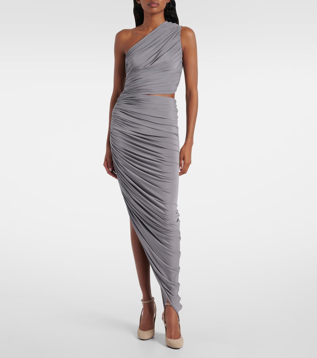Платье макси из джерси с асимметричным лифом и сборками Alaïa, Gris Persan — фото 2