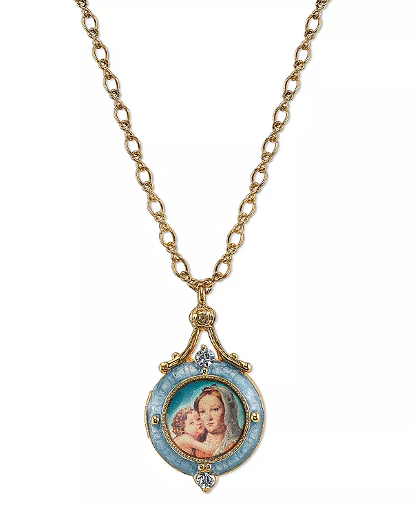 

Ожерелье-Медальон с изображением Марии и младенца, покрытое 14-каратным золотом, с синей эмалью, 18 дюймов Symbols Of Faith, multi