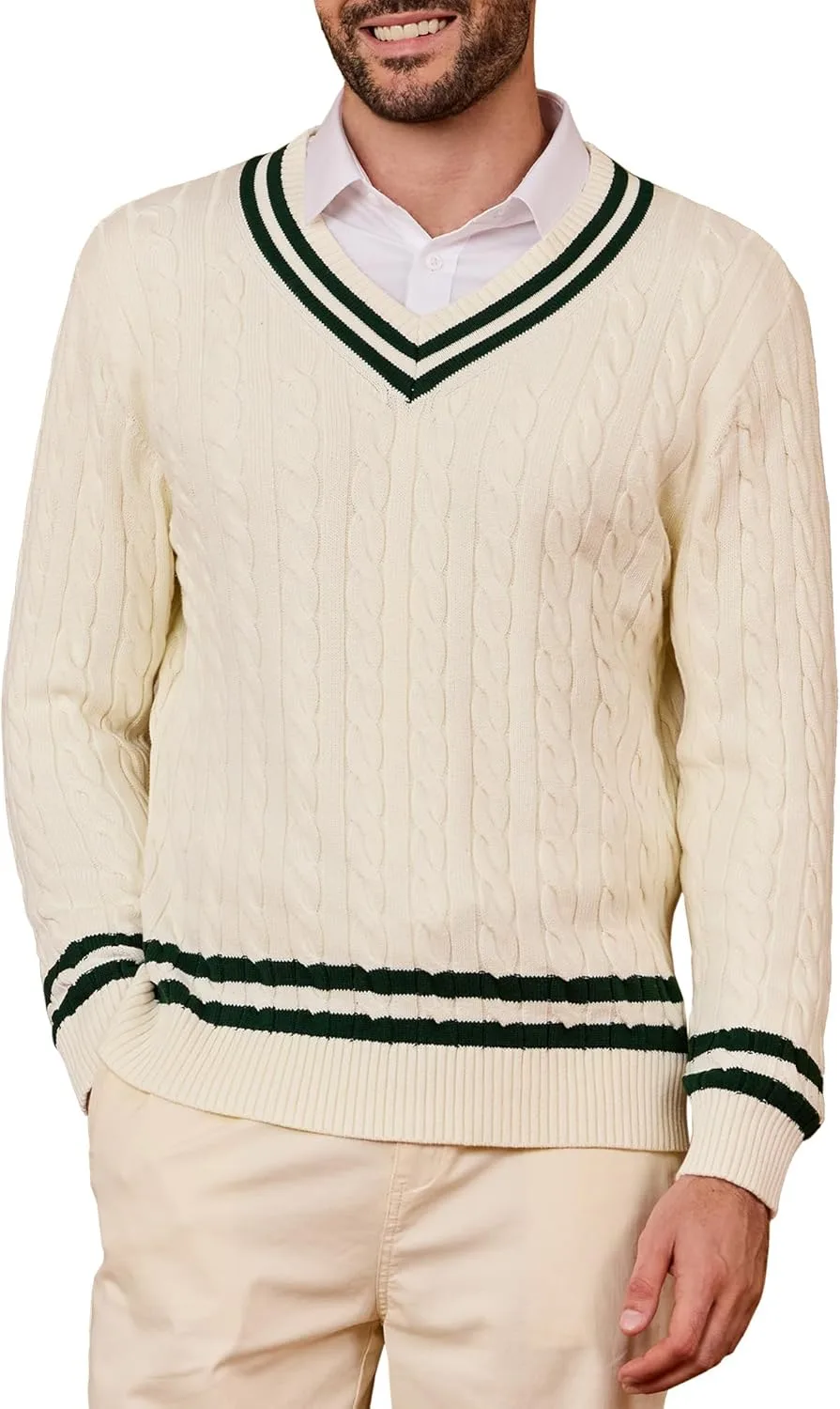 

Мужской свитер Kallspin V-образным вырезом, кабельная вязка, чистый хлопок