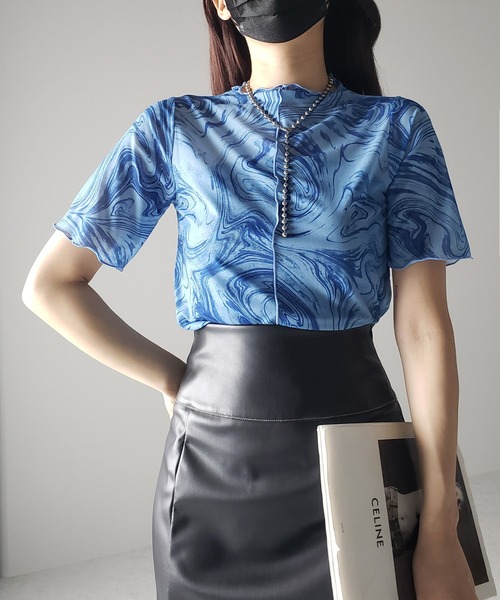 

Me+em select Топ с коротким рукавом, прозрачный, двусторонний принт под мрамор, Me+em, синий