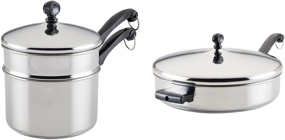 

Farberware Classic, серия из нержавеющей стали, 2-квартовая двойная пароварка с крышкой и классическая кастрюля/сковорода/сковорода с крышкой и вспомогательной ручкой — 4,5 литра, серебро