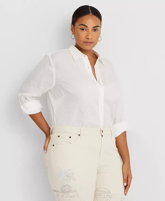 

Женская рубашка Plus Size с подкатанными рукавами из 100% льна Lauren Ralph Lauren, белый