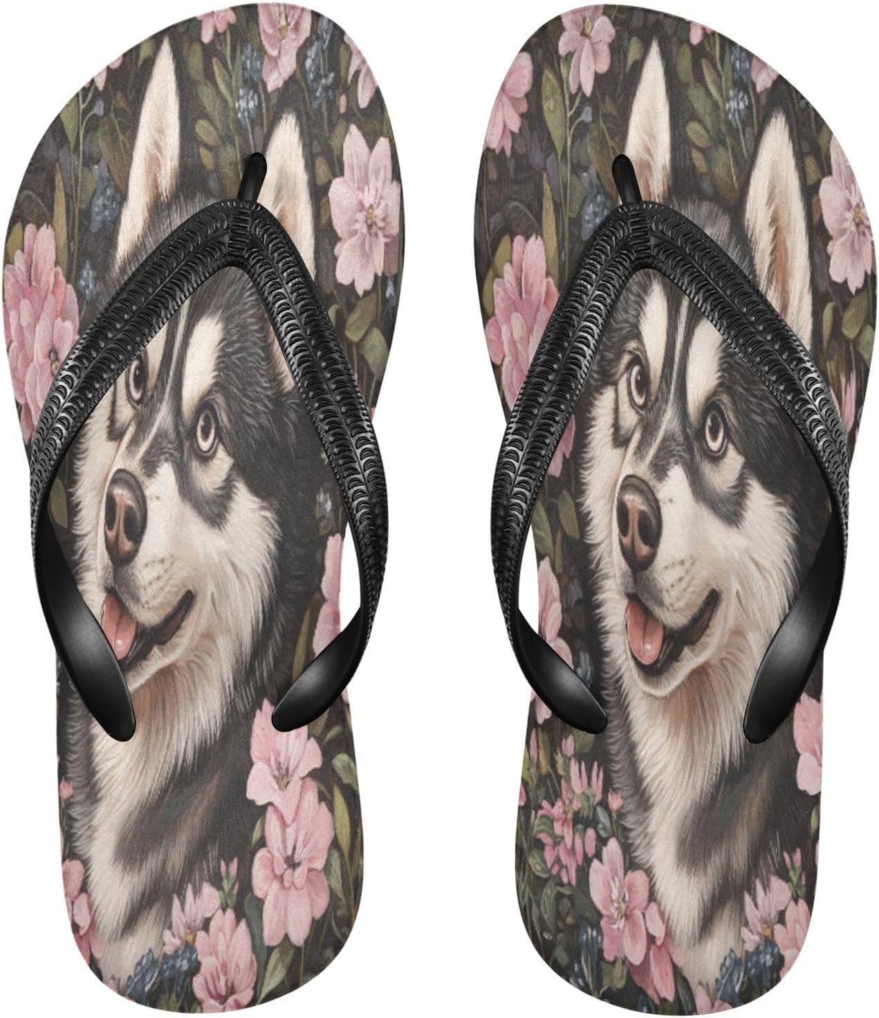 

Вьетнамки с изображением хаски и розовых цветов, пляжные шлепанцы, резиновые, противоскользящие, летние тапочки для ходьбы для мужчин и женщин Sinestour