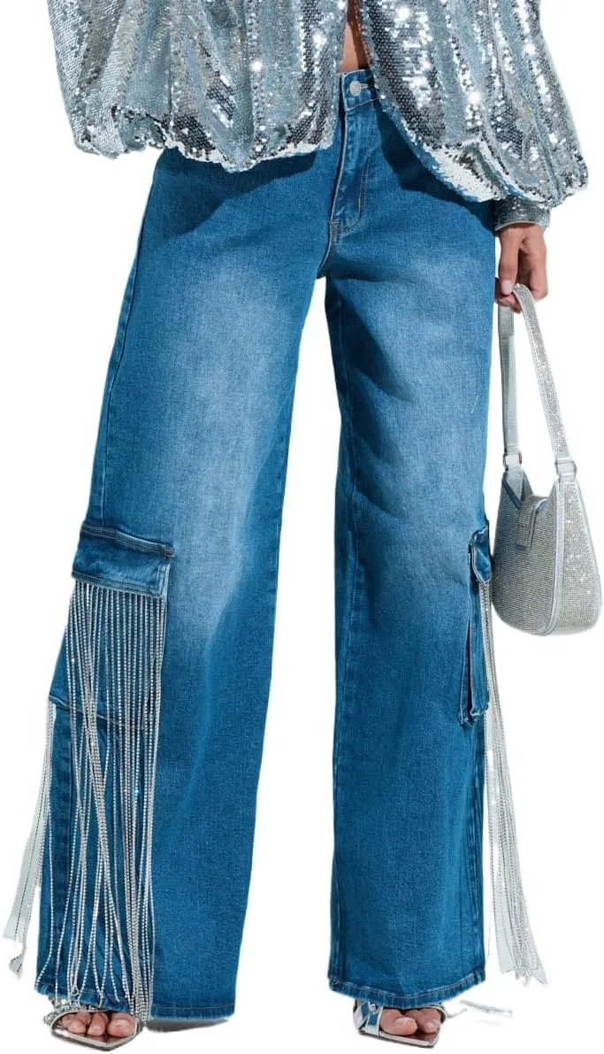 

Женские джинсы с высокой талией и прямыми штанинами — винтажный потертый деним с ринстоунами GoldGalleon