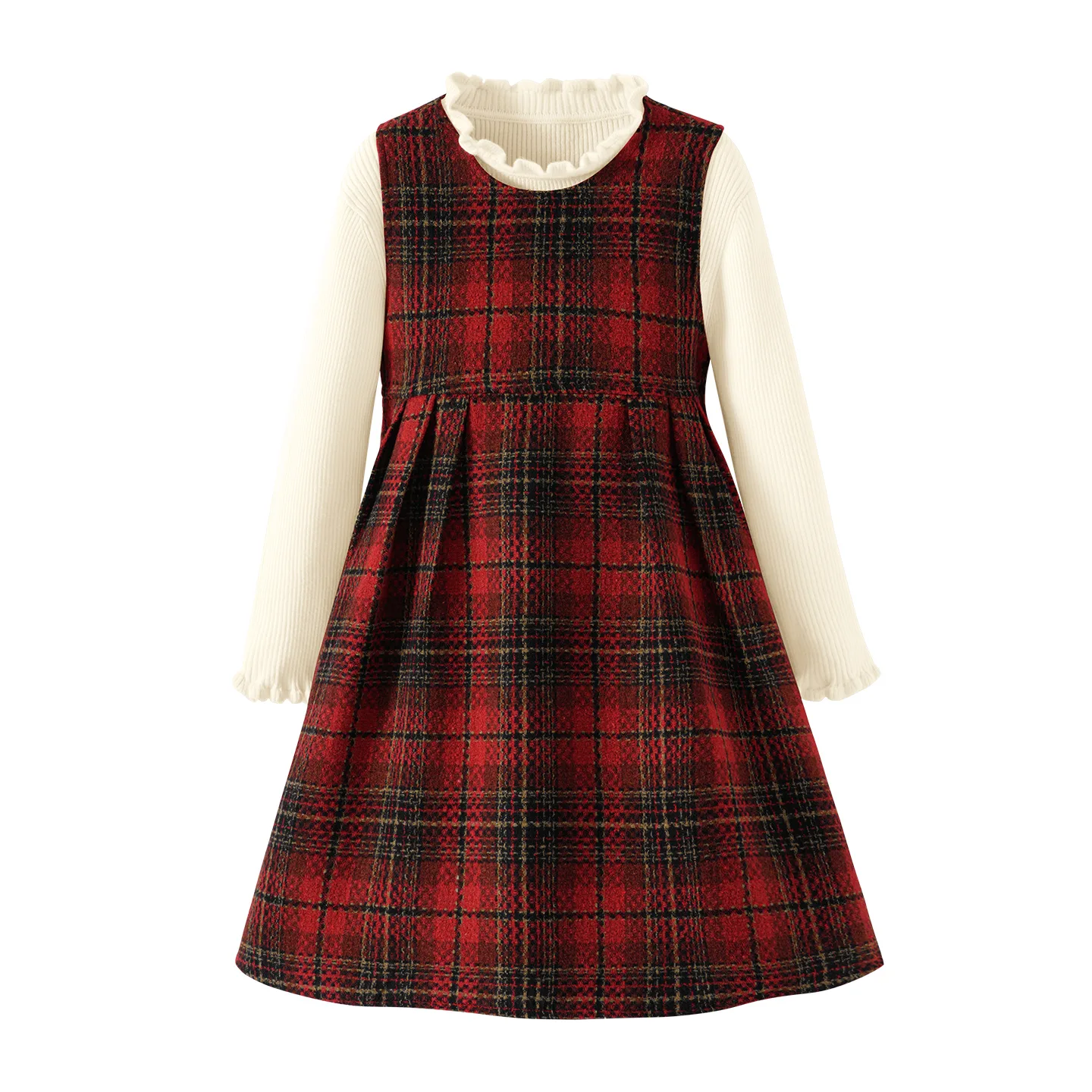 Детское платье с круглым вырезом горловины утепленное длинное Disney, [Thickened Thermal]Solid Color Red Plaid+Solid Color Milk White