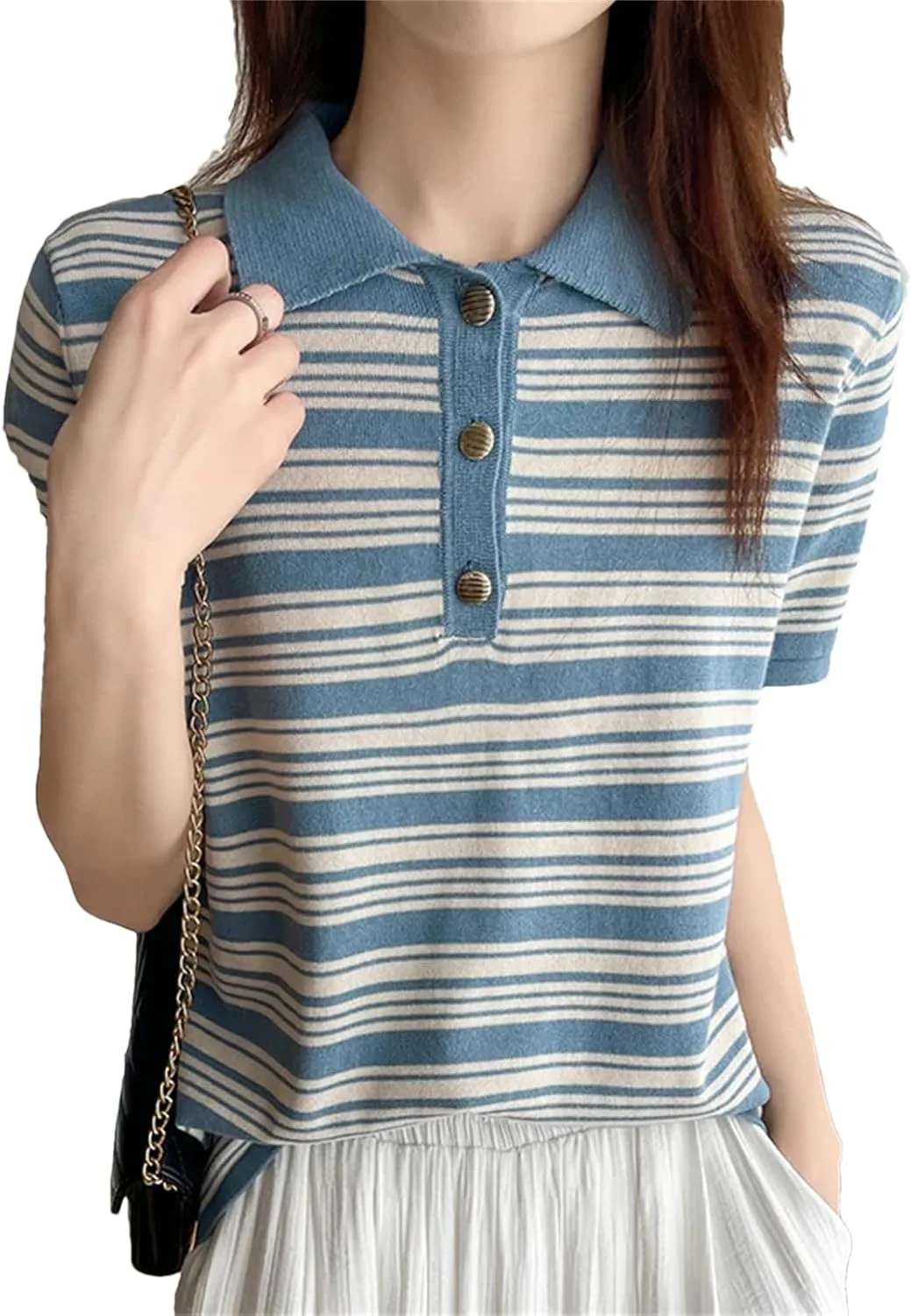 

Женская футболка-поло с коротким рукавом, полосками и пуговицами