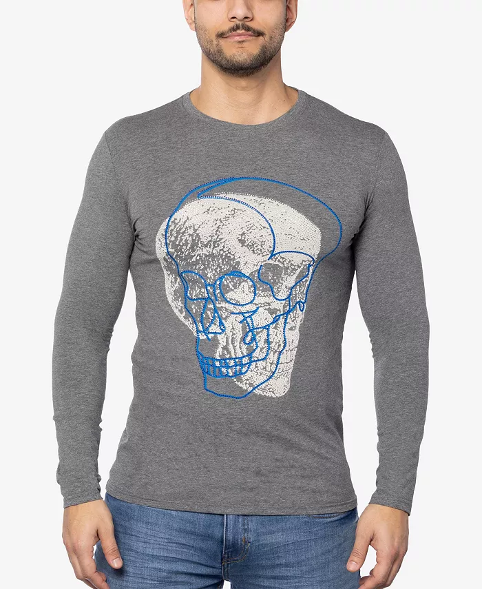 

Мужская футболка с длинными рукавами и дизайном в виде контурного черепа со стразами SPRING + MERCER, серый