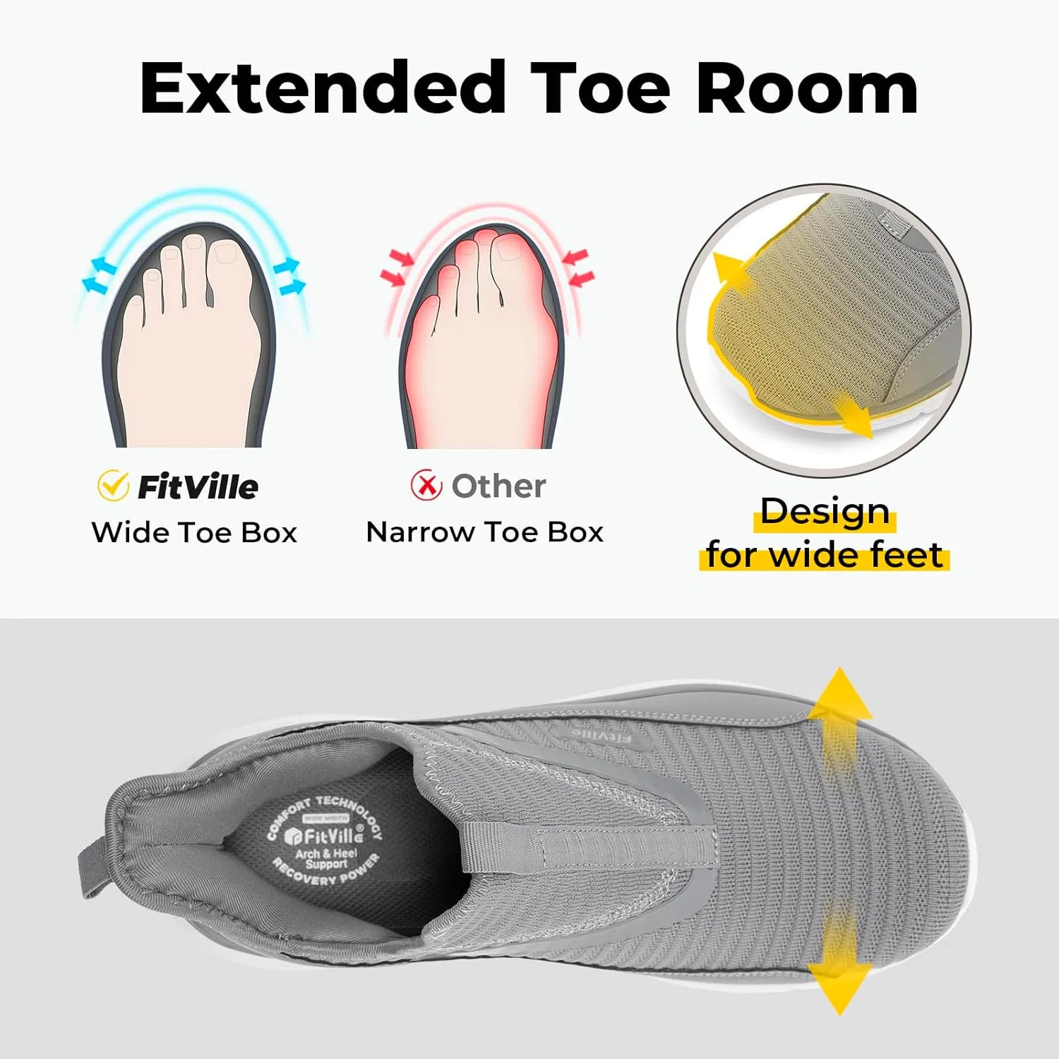 Мужские слипоны FitVille StepEase V2, обувь для ходьбы, очень широкие, легкие, спортивные, кроссовки, удобные, Lightgrey — фото 3