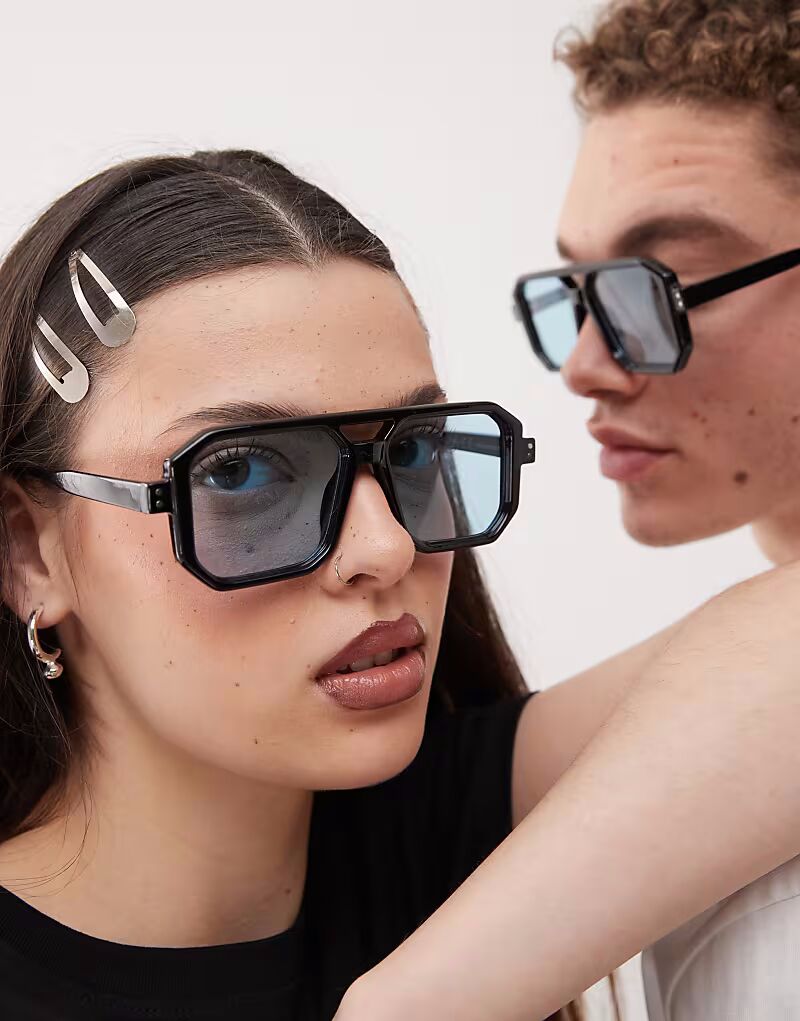 

Винтажные унисекс-очки-авиаторы с квадратными краями, черные, с синими линзами Reclaimed Vintage