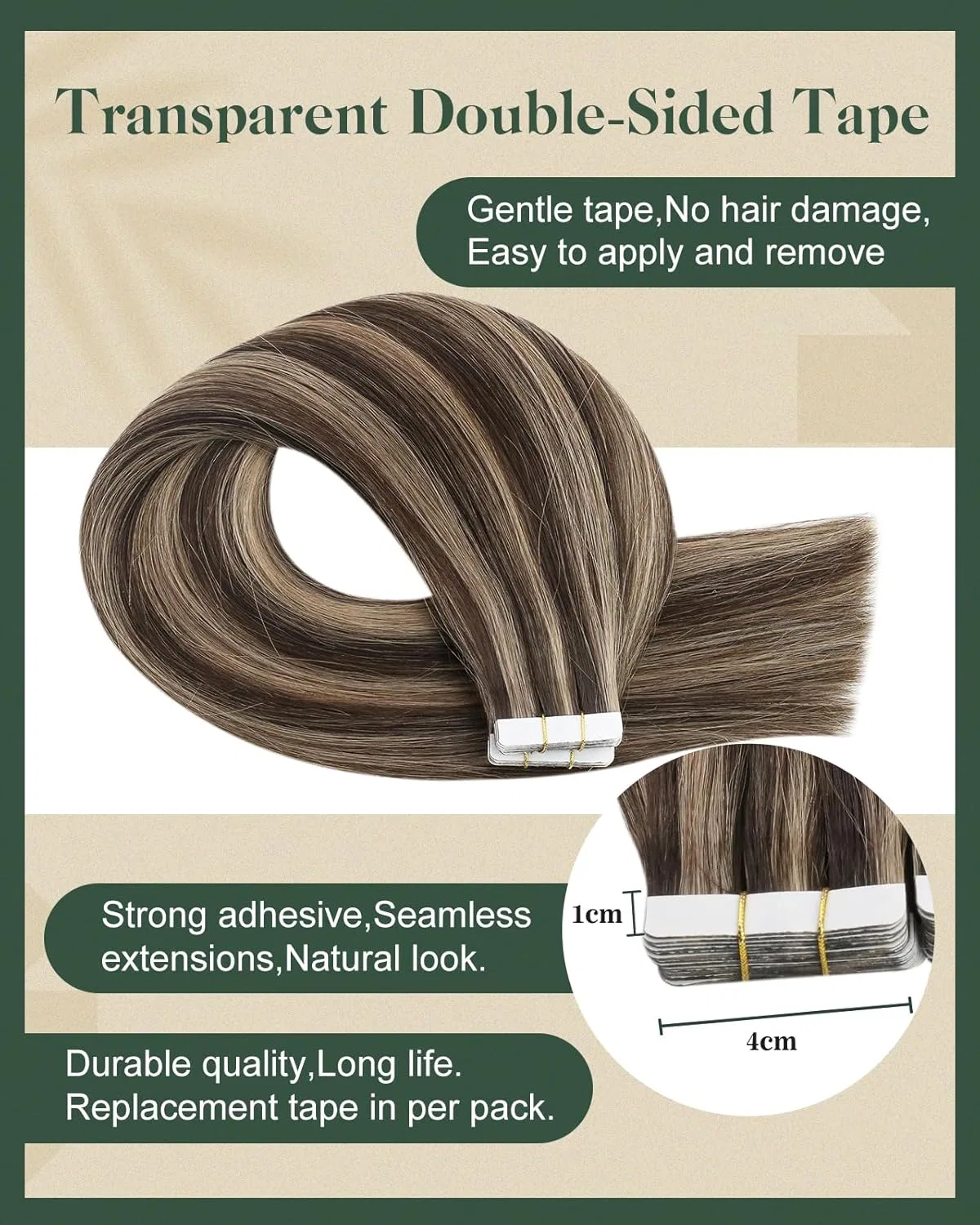 Ленточные накладные волосы Ugeat Real Hair, 35 см, темно-коричневые с карамельными прядями Ugeat — фото 3