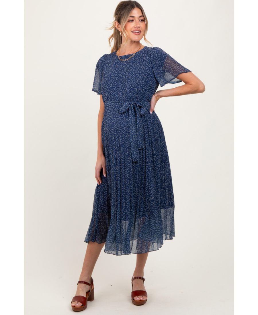 

Платье миди для беременных темно-синего цвета с принтом в виде листьев и складками Pinkblush, Navy blue