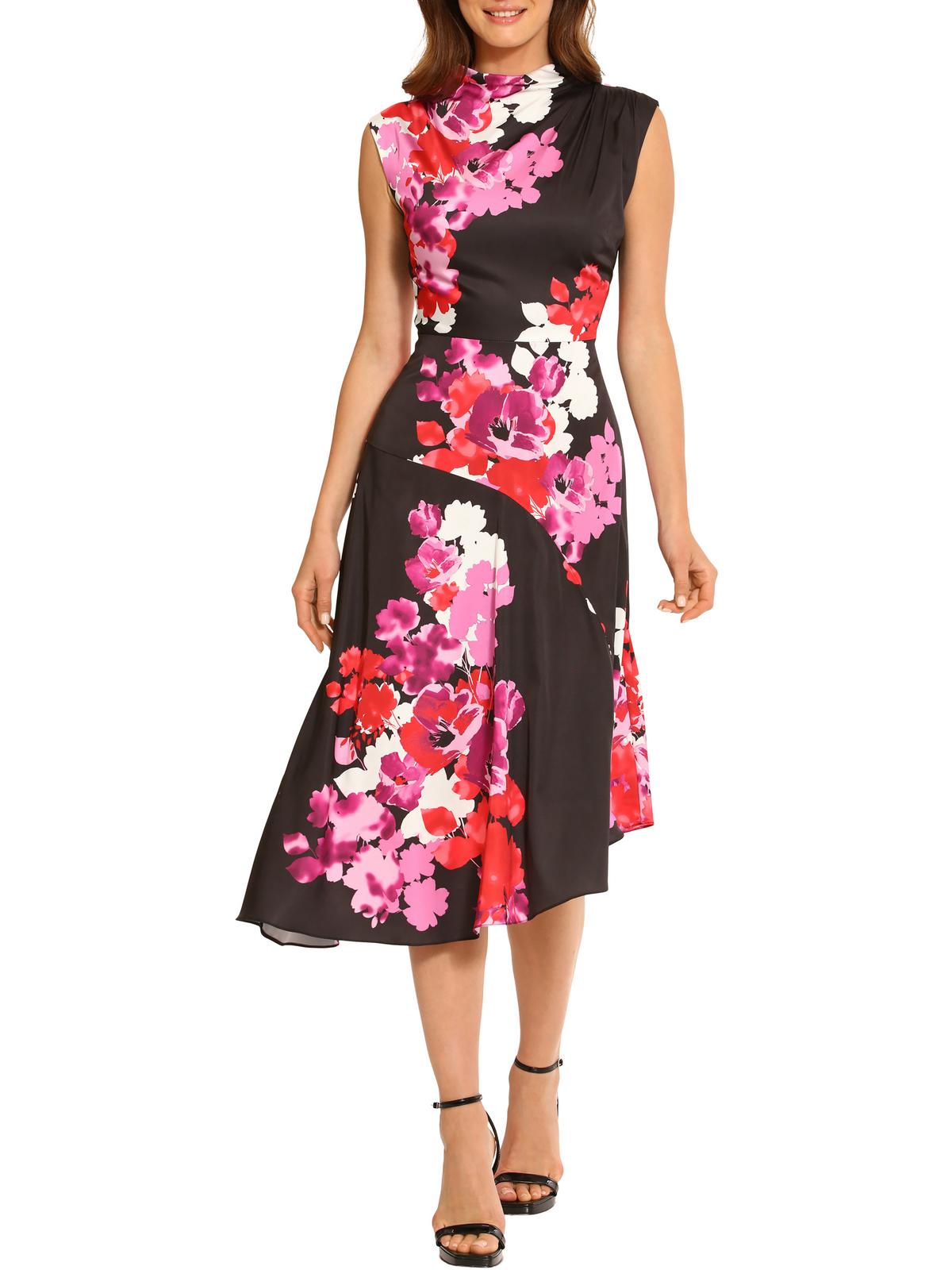 

Женское длинное платье макси с асимметричным подолом Maggy London, цвет black/phlox pink