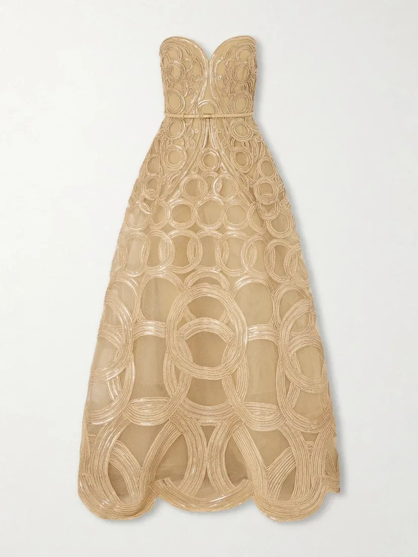 Платье-миди без бретелек из тюля с пайетками и отделкой из рафии Elie Saab, бежевый