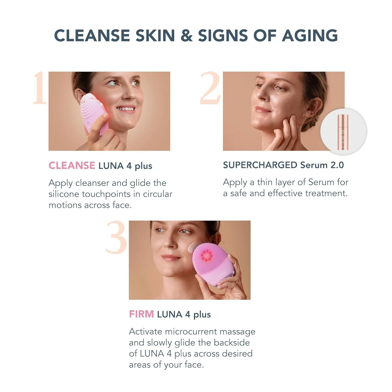 Набор FOREO Fresh & Lifted: щетка для умывания лица Luna 4 Plus Normal + сыворотка Supercharged SERUM 2.0, 30 мл Набор из 2 штук, Light Pink — фото 3